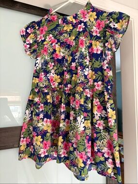 JODIFL Navy Floral Tiered Blouse with Pink & Yellow Blooms